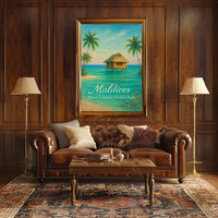 This poster vividly captures a serene tropical paradise, likely set in the Maldives, Travel Poster
