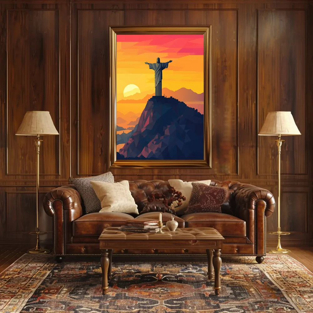 Christ the Redeemer Geometric Sunset Art Poster