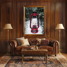 Red Lantern in Snowy Forest Adventure Travel Poster