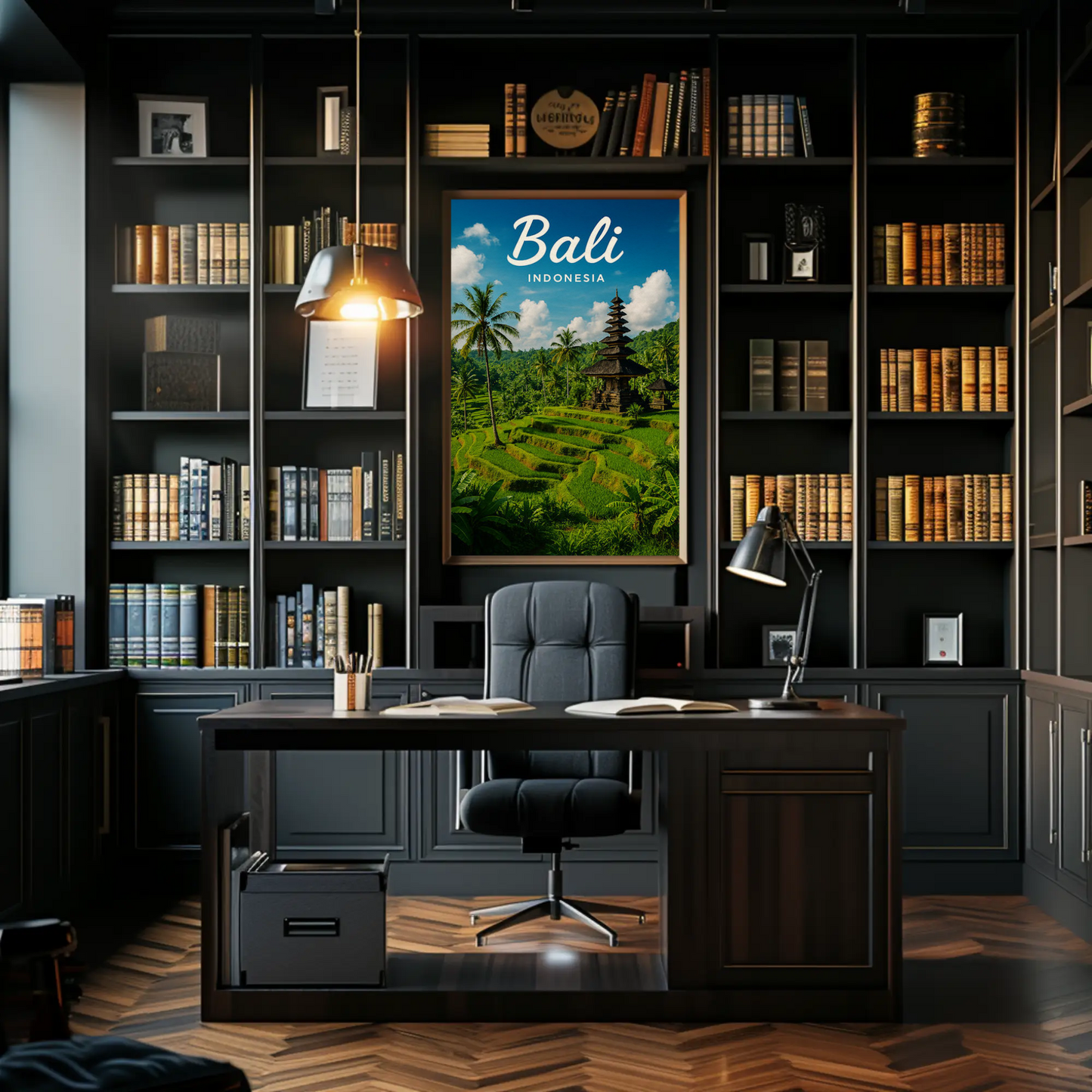 Bali Indonesia Rice Fields Temple Travel Poster