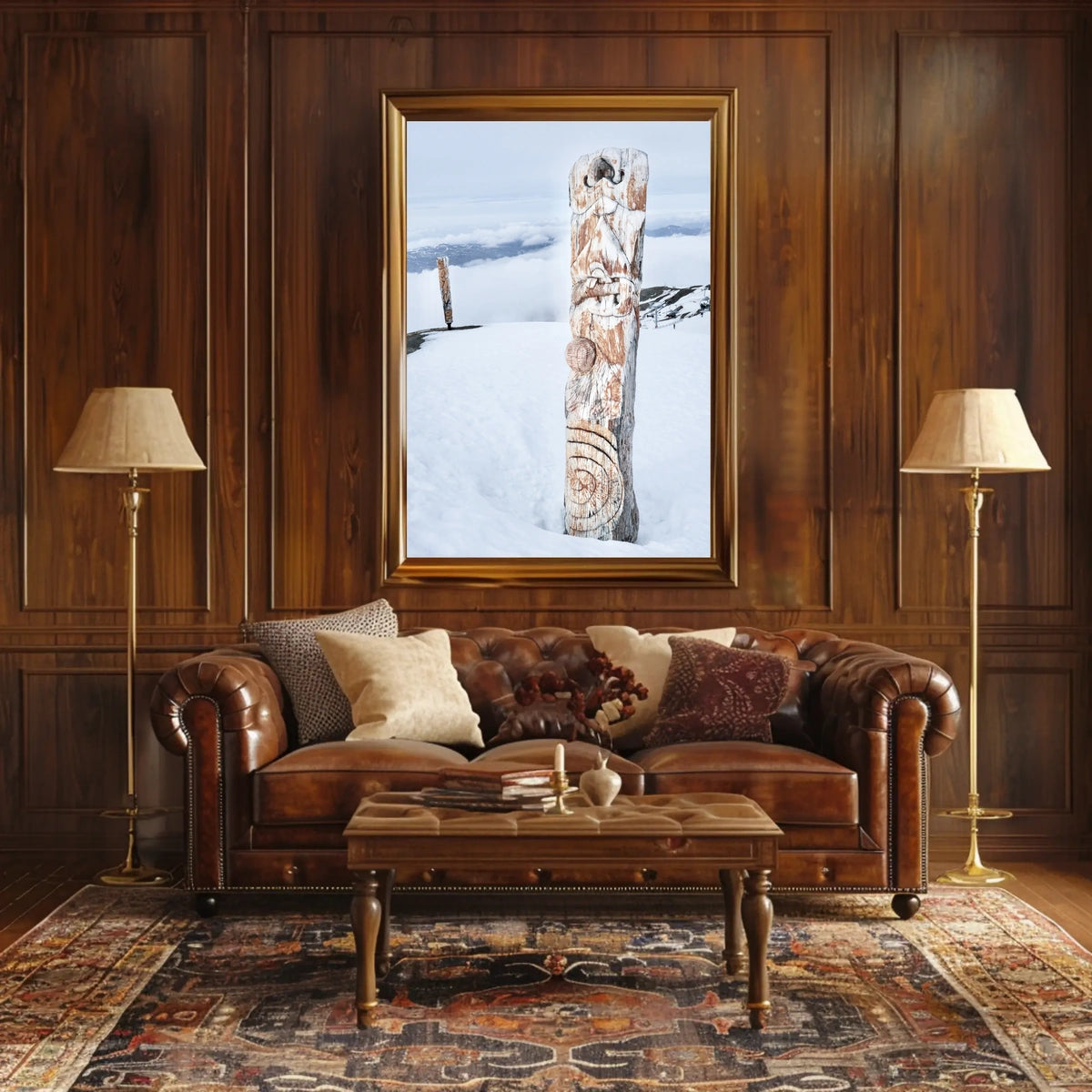 Snow-Covered Totem Poles Poster