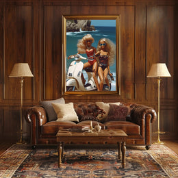 Beach Glamour: Vibrant Dolls on Scooter Travel Poster PosterGoat