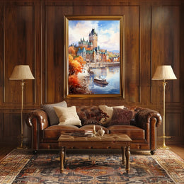 Castle Reflections on Tranquil Riverbank Travel Poster