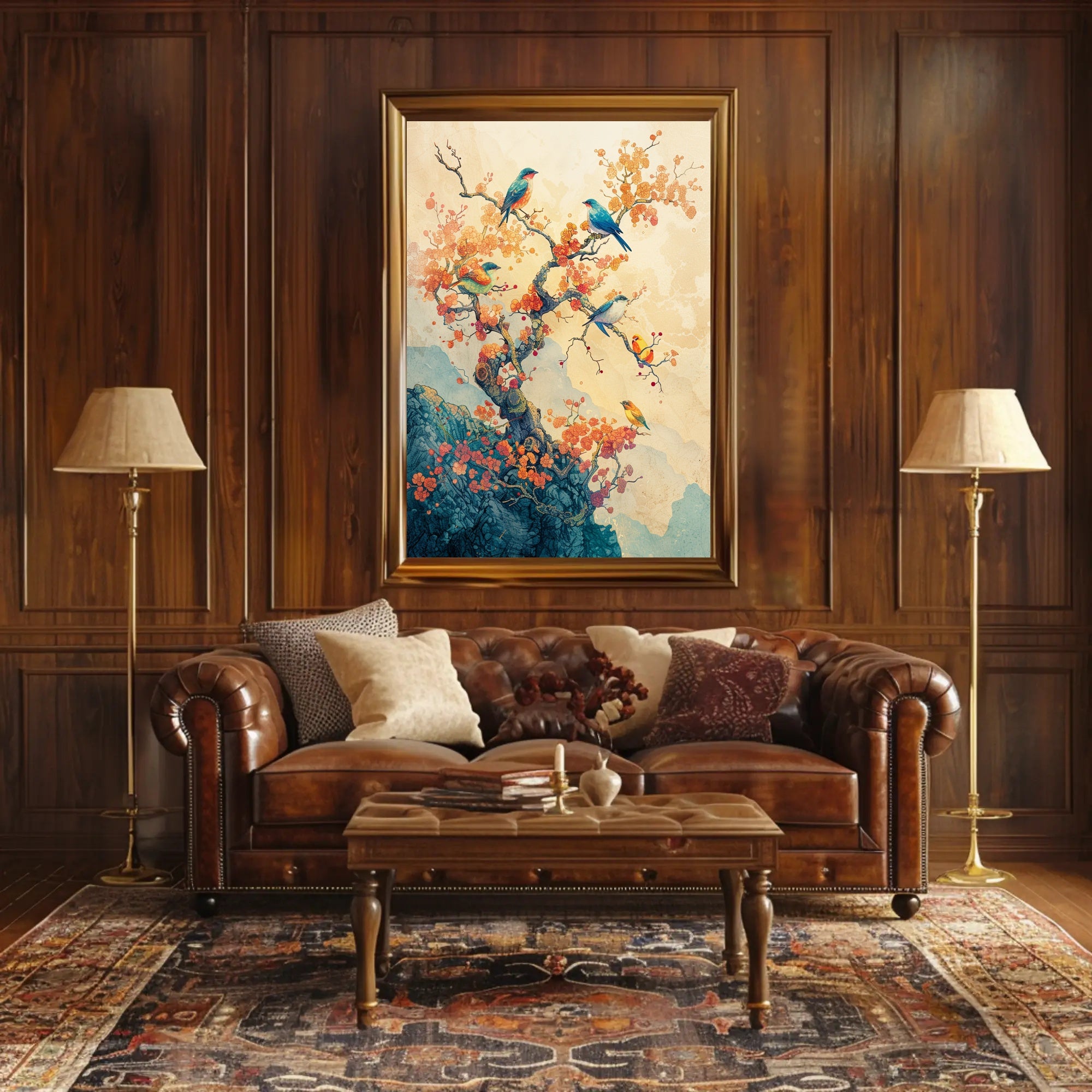 Serene Birds on Blossoming Tree Art Poster PosterGoat