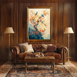 Serene Birds on Blossoming Tree Art Poster PosterGoat