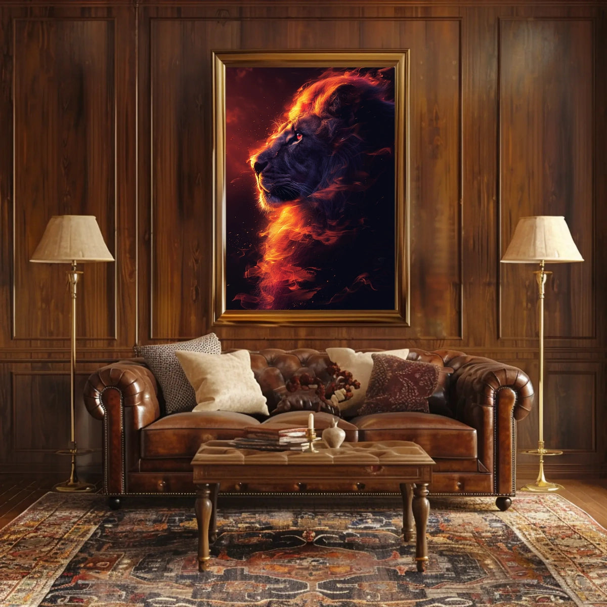 Majestic Lion Poster: Fiery Mane, Dark Background