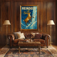 Reindeer Adventure on Icy Cliff Animal Poster