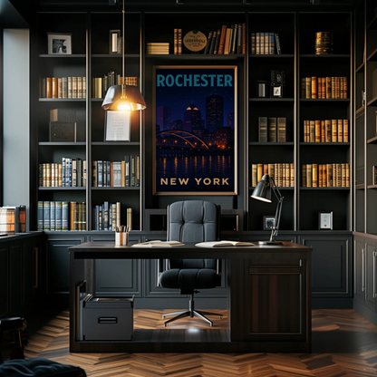 Rochester New York Night Skyline River Lights Travel Poster Travel Poster