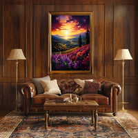 Vibrant Sunset Over Idyllic Countryside Landscape - Artistic Poster