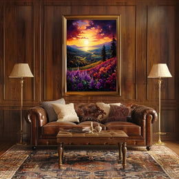 Vibrant Sunset Over Idyllic Countryside Landscape - Artistic Poster