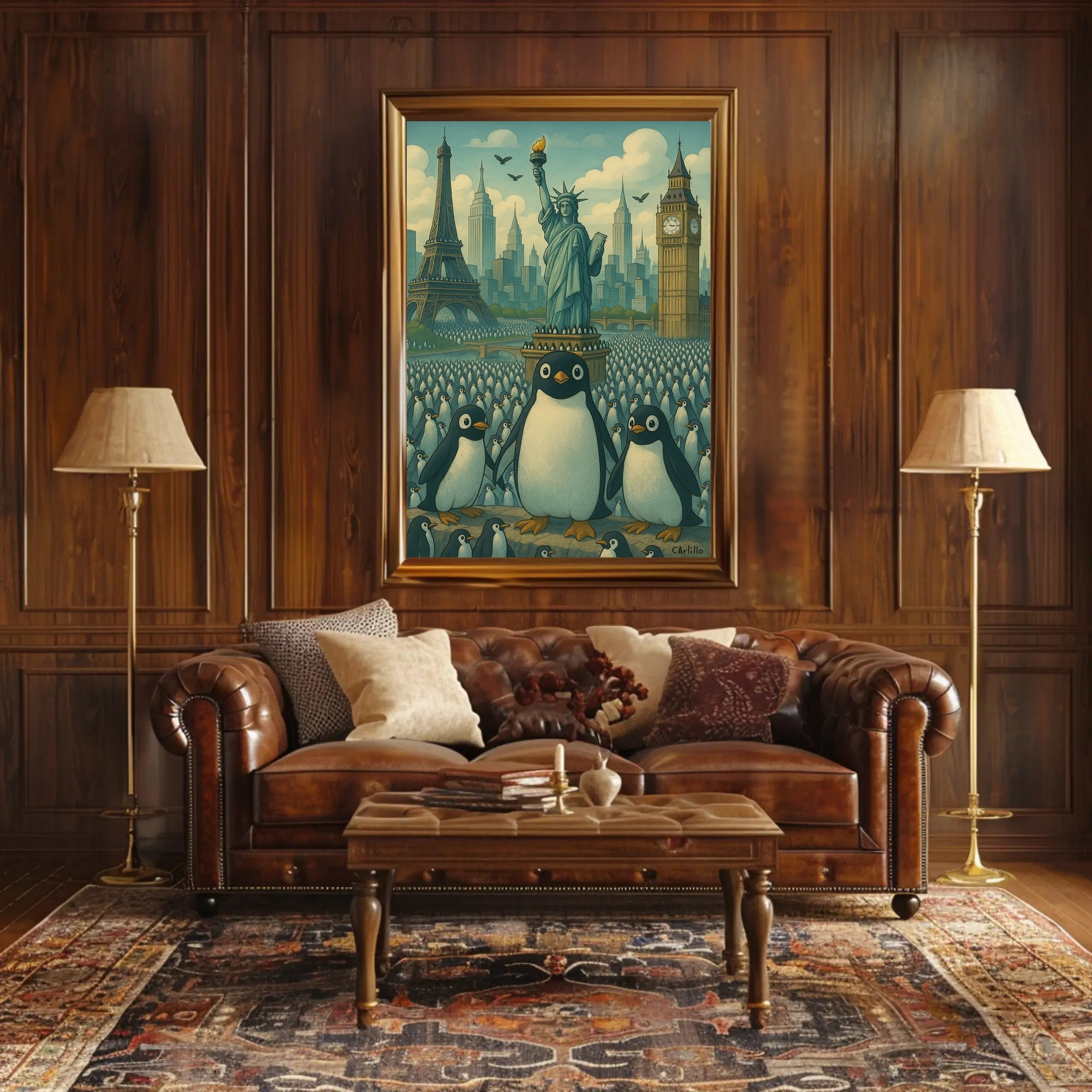 Whimsical Landmarks and Penguins Travel Poster