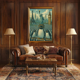 Whimsical Landmarks and Penguins Travel Poster