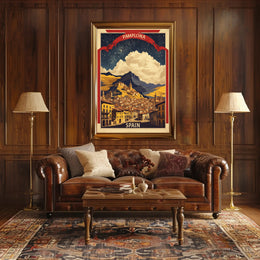 Pamplona Vintage Cityscape Night Sky Travel Poster