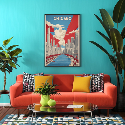 Chicago River Skyline Classic Scene Vintage Travel Poster