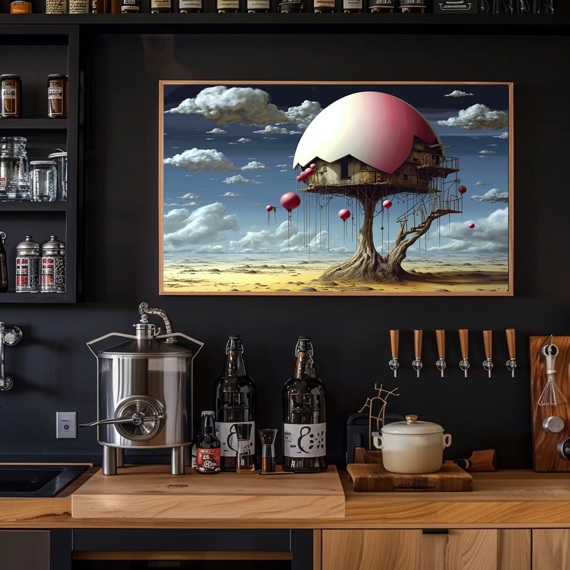 Surreal Desert House with Whimsical Balloons Artistic Poster