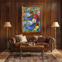 Vibrant Floral Tea Scene Poster with Artistic Poster PosterGoat