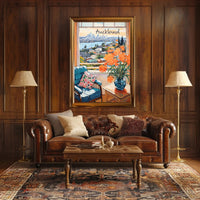 Scenic View of Auckland: Cozy Interior with Blue Armchair and Harbor Poster
