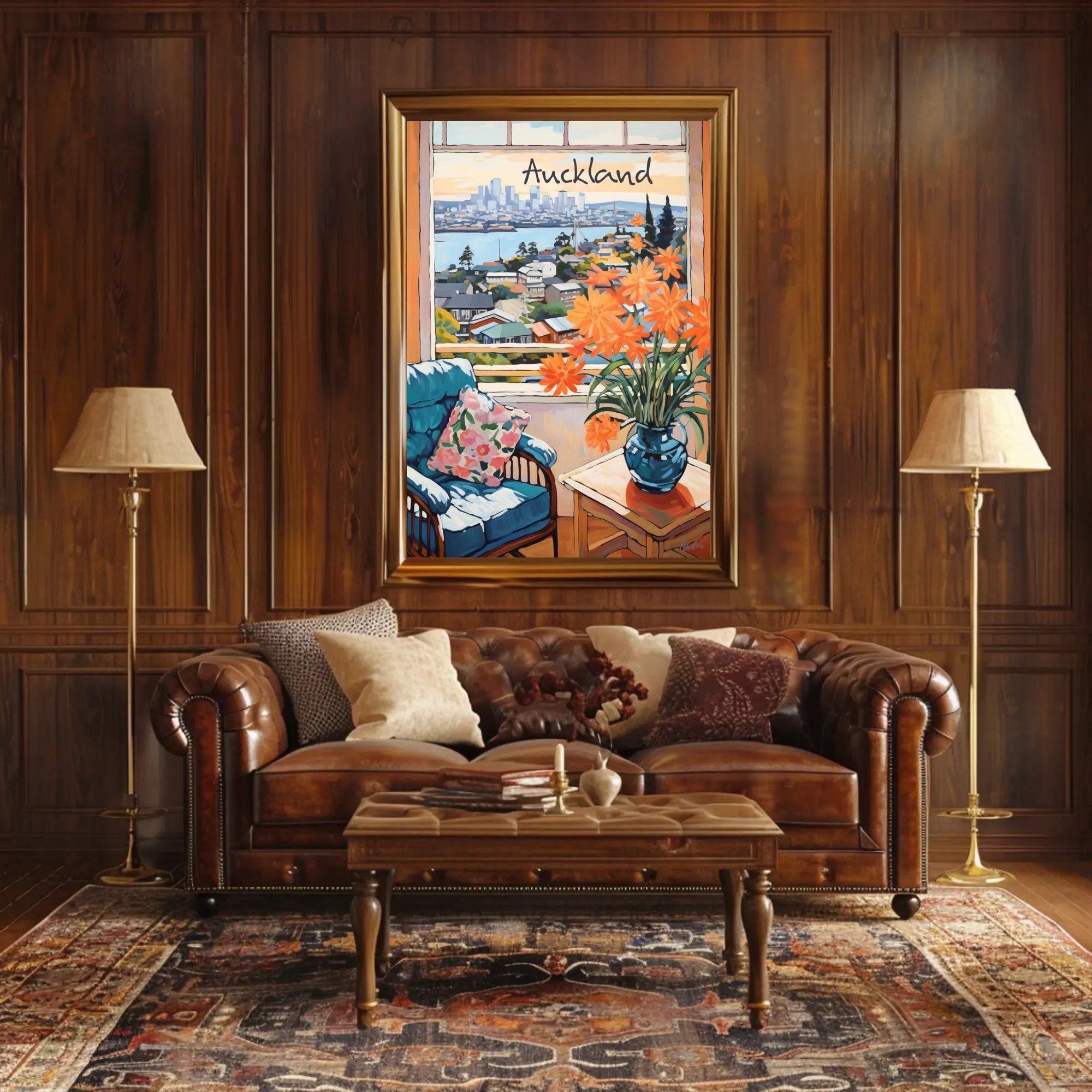 Scenic View of Auckland: Cozy Interior with Blue Armchair and Harbor Poster