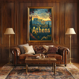 Athens Parthenon Sunset Vintage Travel Poster