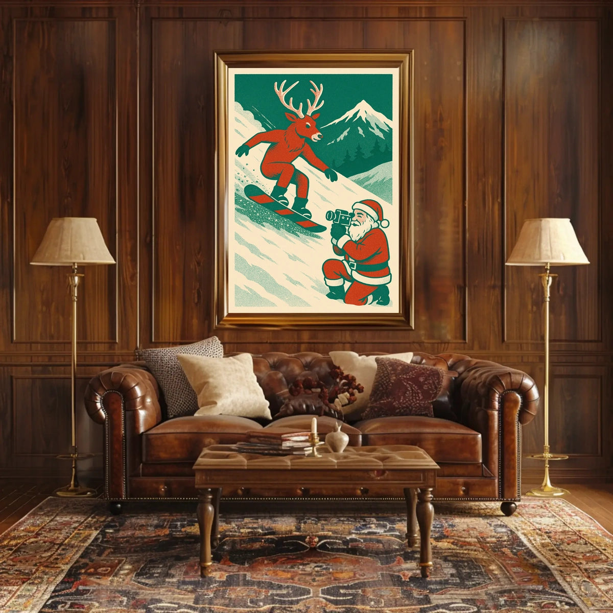 Whimsical Reindeer Snowboarding Vintage Holiday Poster