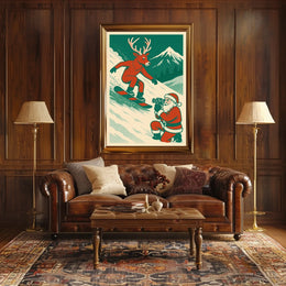 Whimsical Reindeer Snowboarding Vintage Holiday Poster