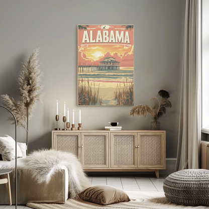 Alabama Pier at Sunset Vintage Travel Poster