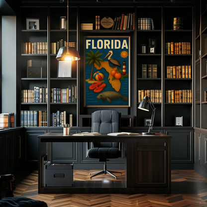 Florida State Symbols Pelican Map Lighthouse Travel Poster