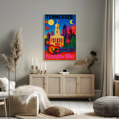 Tennessee Nashville Capitol Guitar Music City Vintage Travel Poster