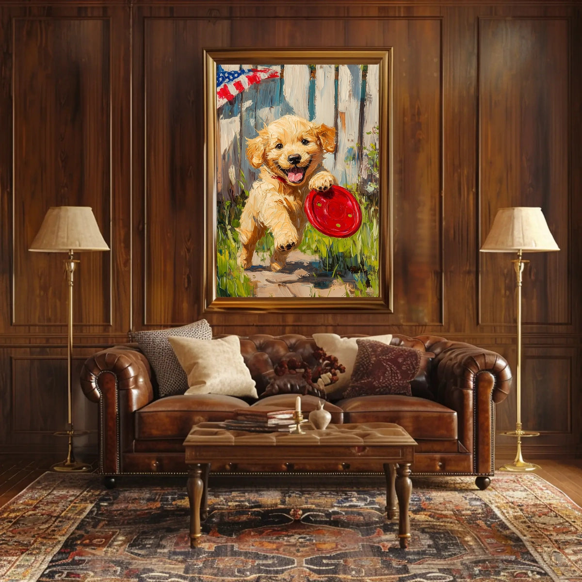Golden Retriever Puppy Running With Red Frisbee Poster