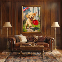 Golden Retriever Puppy Running With Red Frisbee Poster