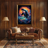 Whale in Cosmic Waves: Surreal Art Poster