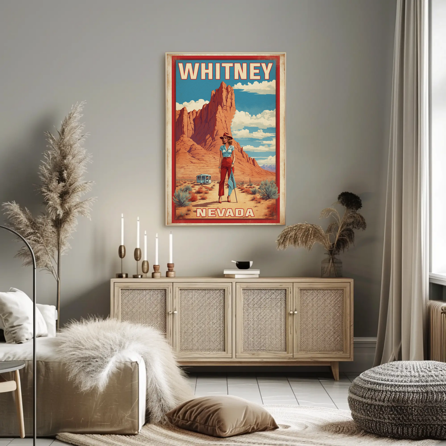 Whitney Nevada Desert Cowgirl Scene Vintage Travel Poster