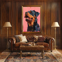 Striking Rottweiler Portrait on Vibrant Pink Dog Breed Poster PosterGoat