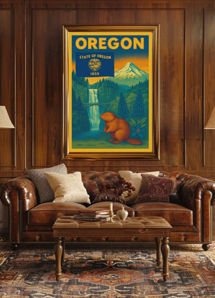 Vintage Oregon Travel Poster Featuring Iconic Natural Landmarks