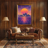 Vibrant Retro-Futuristic Sunset Over Mountains Futuristic Sci-Fi Poster