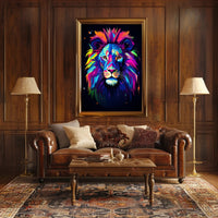 Vibrant Lion Portrait in Abstract, Artistic, or Pop Culture Poster