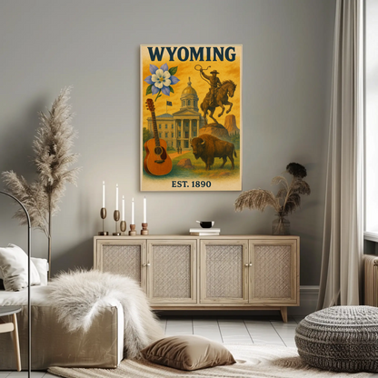 Wyoming Capitol Rodeo Guitar Bison Flower Vintage Travel Poster
