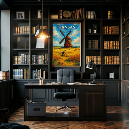 Kansas Windmill Wheat Field Harvest Painting Poster Poster