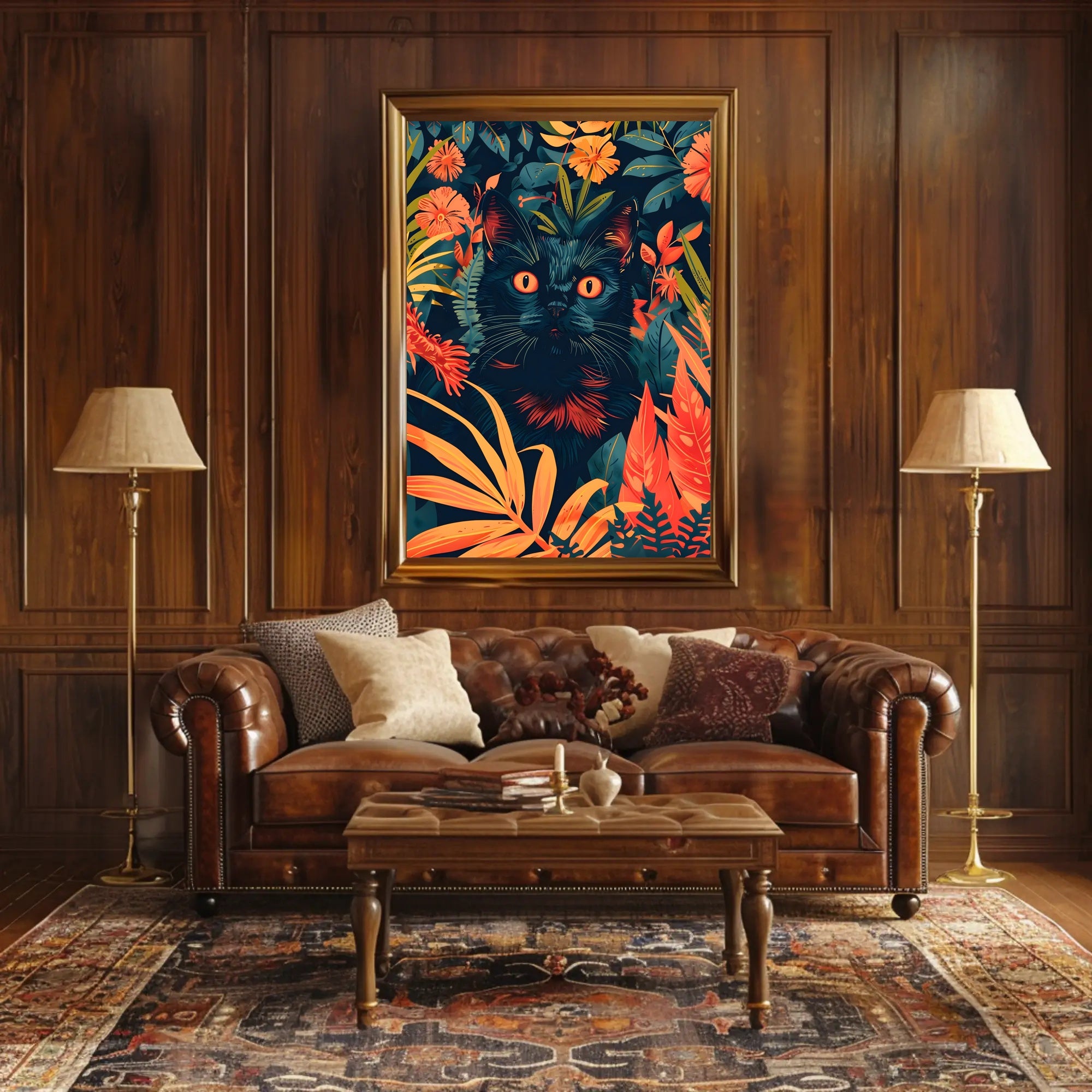 Striking Black Cat in Vibrant Jungle Animal Poster