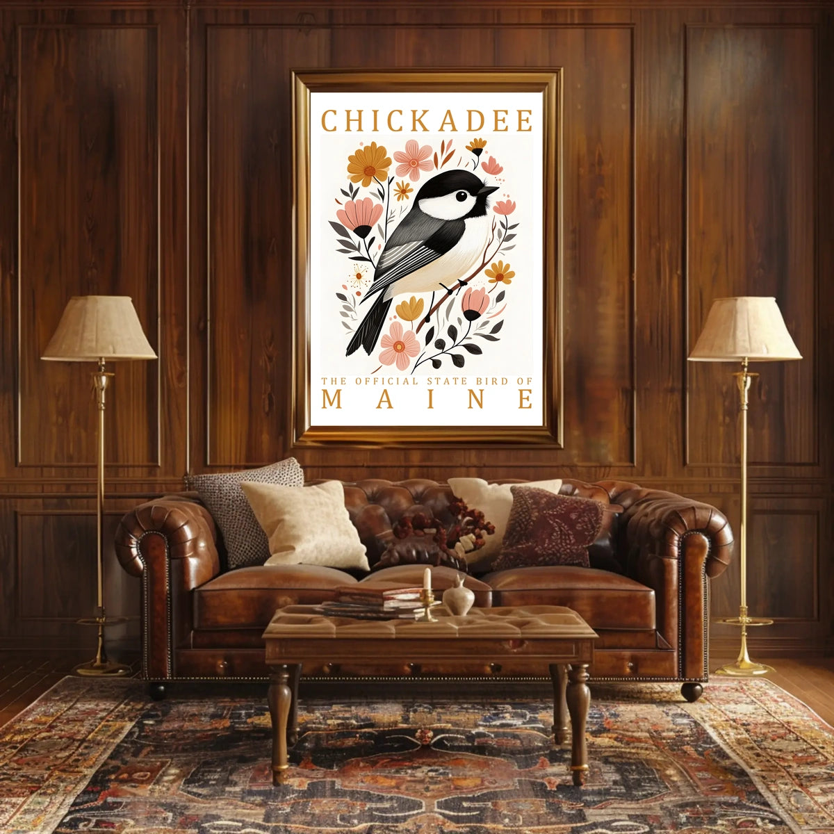 Chickadee Maine State Bird Botanical Art Poster