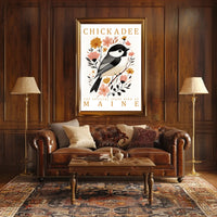 Chickadee Maine State Bird Botanical Art Poster