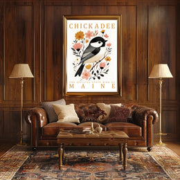 Chickadee Maine State Bird Botanical Art Poster