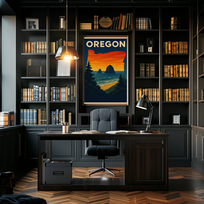 Oregon Coastal View Sunset Forest Travel Poster