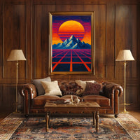 Retro-Futuristic Mountainscape: Vibrant Visionary Sci-Fi Poster