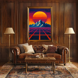 Retro-Futuristic Mountainscape: Vibrant Visionary Sci-Fi Poster