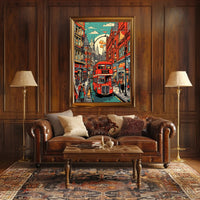 Vibrant Cityscape with Red Bus Poster