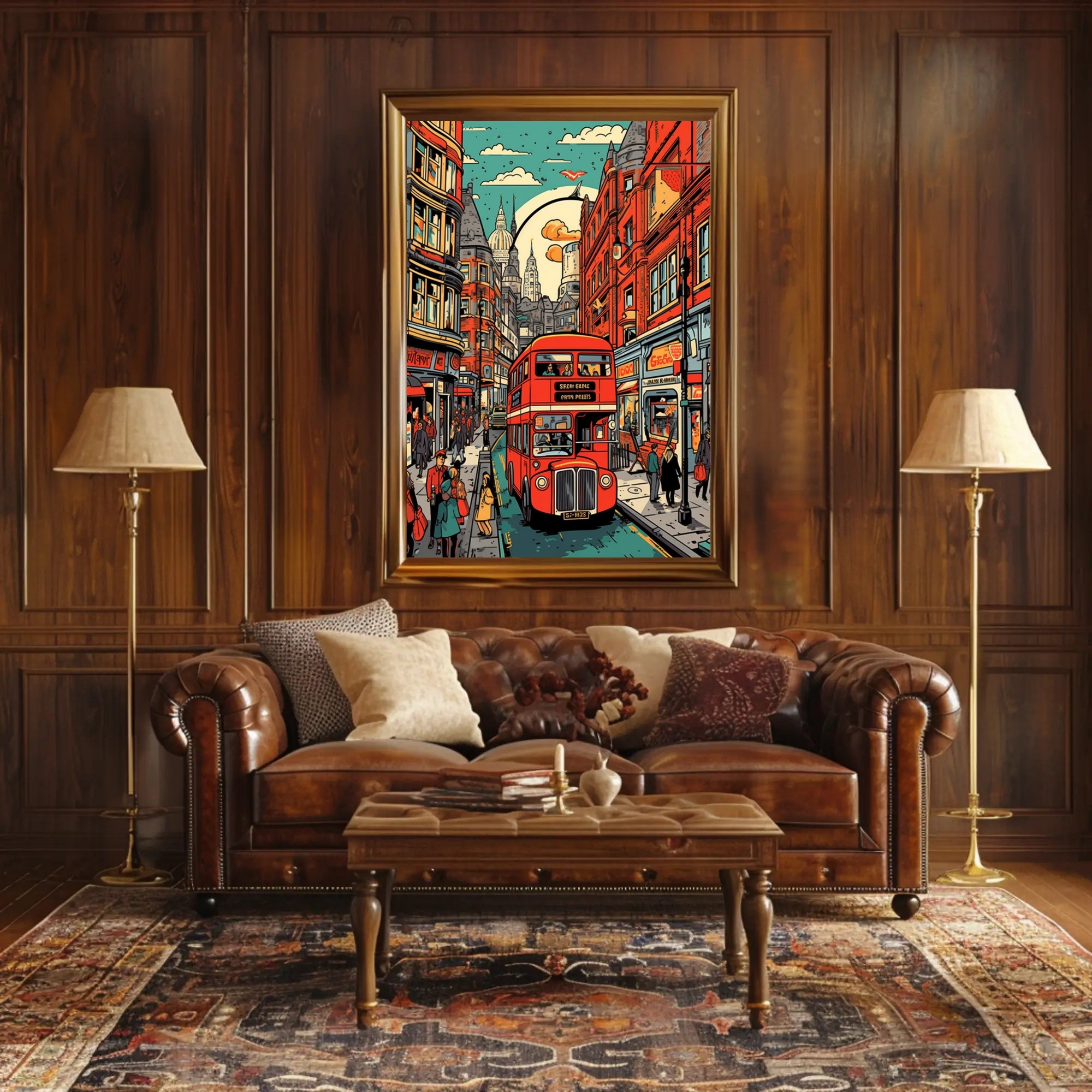 Vibrant Cityscape with Red Bus Poster
