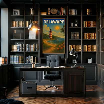 Delaware Striped Lighthouse Sunset Beach Travel Poster