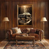 Classic Car in Autumn Reflection Poster PosterGoat