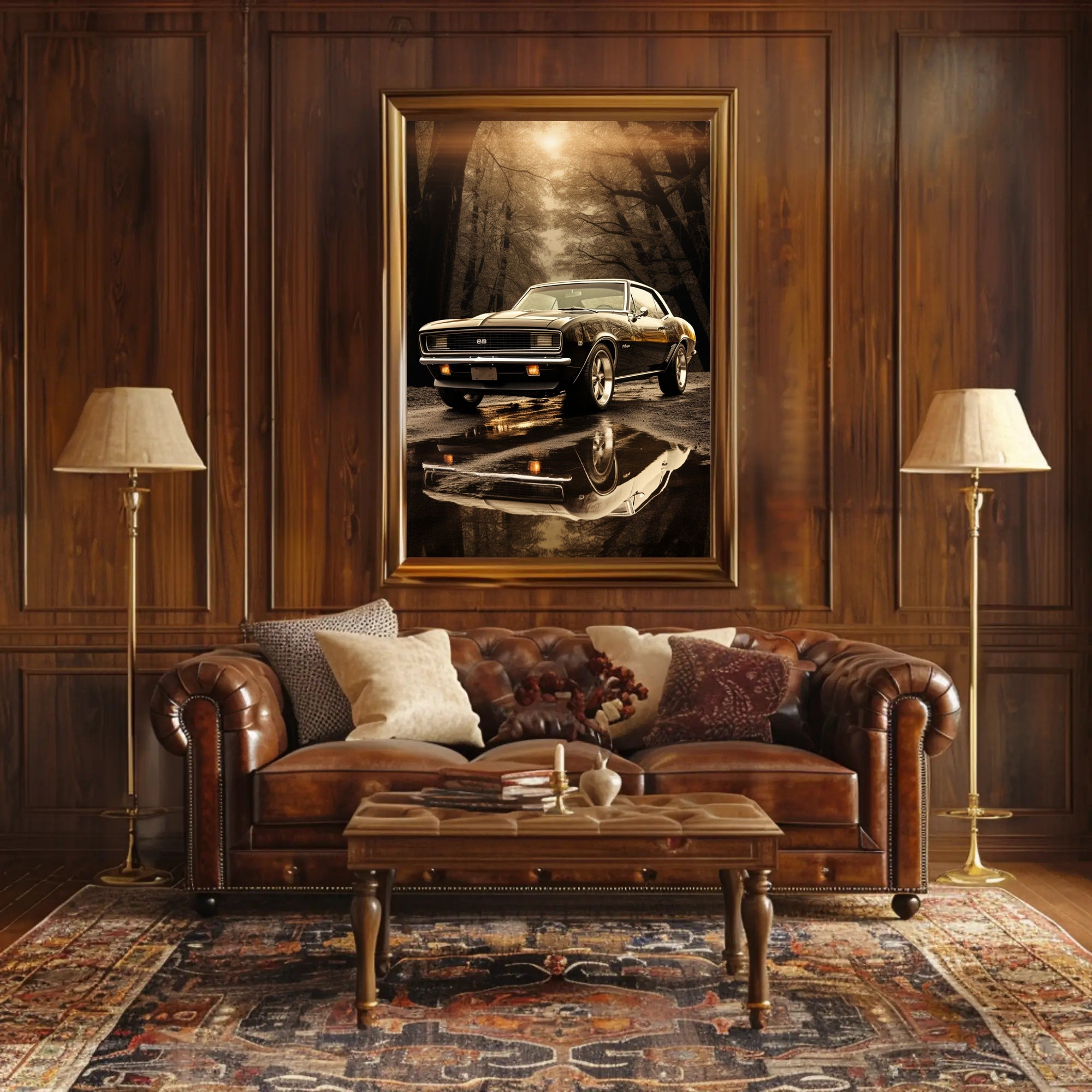 Classic Car in Autumn Reflection Poster PosterGoat